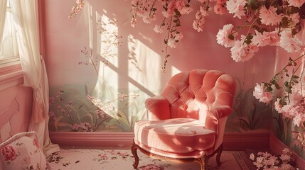 pink spring home aesthetics, baroque inspired, ultra-realistic, all things pink, highly detailed, Generated AI.