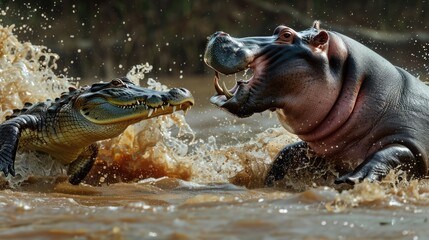 Hippo attacks crocodile in the river. Predators fight. AI Generated  - Powered by Adobe