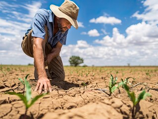 A farmer examining drought-stricken crops highlighting the threat to food security and agriculture