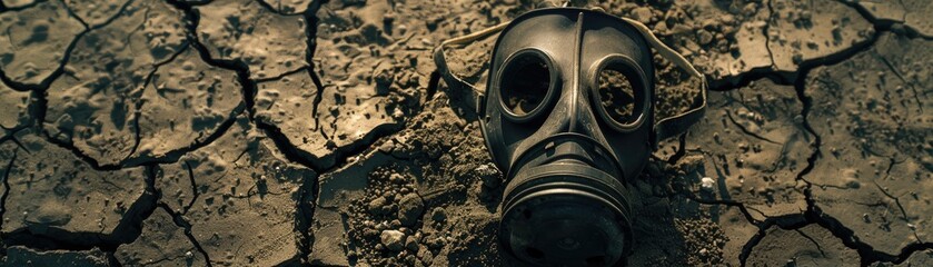 A stark graphic image of a gas mask lying on cracked - obrazy, fototapety, plakaty