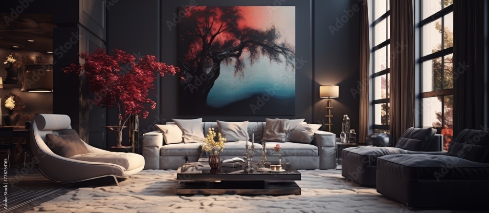 Wall mural Spacious living room filled with natural light, featuring a significant artwork displayed on the wall