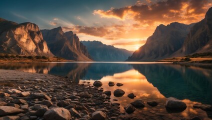 A sunset over a lake in the mountains.

 - obrazy, fototapety, plakaty