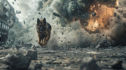 military dog running through battle avoid explosions and bullets