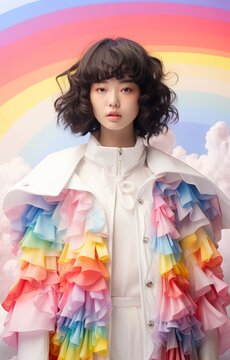 A model posing on a colorful rainbow, rainbow smoke, rainbow cloud background, a play of light and shadow. Generative AI.