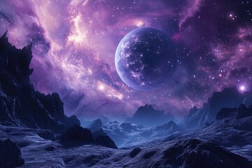 Space-themed 3D environment with celestial elements, Immersive 3D space environment adorned with...