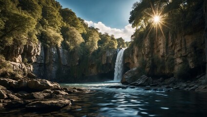 vA waterfall in a forest with bright sunlight shining through the trees.

