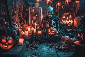 Spooky Halloween scene with haunted decorations and costumes, Eerie Halloween setting adorned with haunted decorations and costumes. - obrazy, fototapety, plakaty