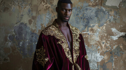In this stunning image a handsome black man stands tall and proud his deep burgundy velvet robe adorned with intricate gold embroidery. The royal tapestry that ds around his shoulders .