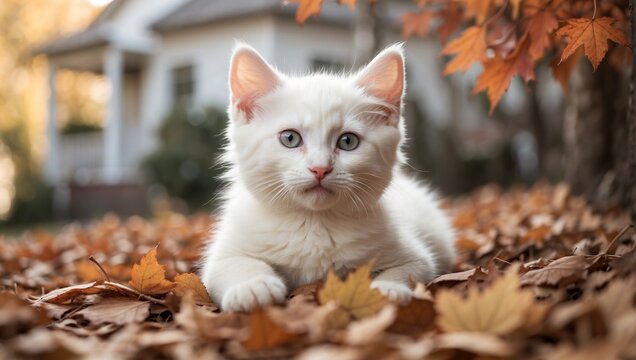 A white kitten is lying in a pile of brown and yellow fall leaves. There is a small white house with black shutters in the background.

