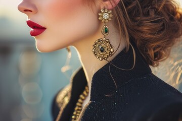 Stylish fashion photo with a focus on accessories like statement jewelry, Fashion-forward image highlighting statement jewelry as key accessories.
