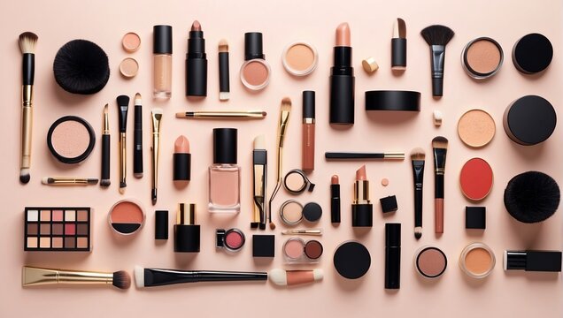 Various makeup products are arranged on a blue table.

