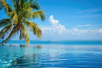 Sunny summer background at a tropical resort with palm trees and blue waters, Idyllic summer scene at a tropical resort with palm trees and crystal-clear blue waters.