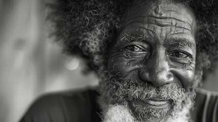 A black and white portrait of an older Black man with a long and full afro his gentle smile and kind eyes radiating strength and wisdom. His hair greyed with age is a testament to .