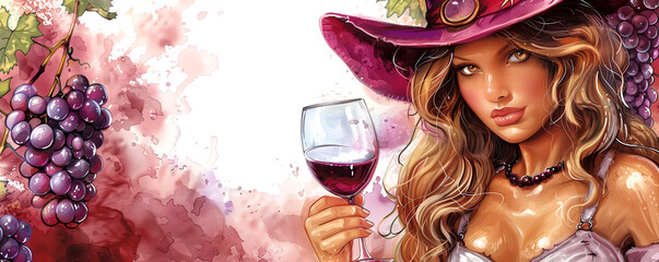 Illustration for the celebration of the Wine Festival. Girl, wine, grapes. - obrazy, fototapety, plakaty