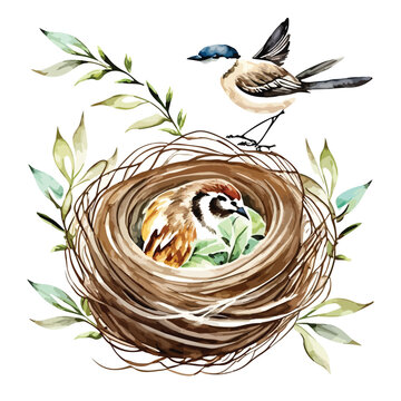 recommend clip art: Colorful watercolor birds in nest drawing art design vector illustration. Avian Oasis: Colorful Watercolor Nest with Birds