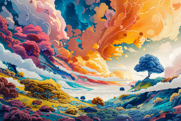Create a dreamlike abstract cartoon landscape where landscapes shift and transform with the whims...