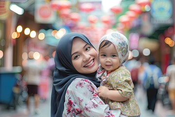 Asian young malay smiling mother holding up her daughter and head to head (2).jpeg - obrazy, fototapety, plakaty