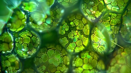 A highly zoomedin view of a of chloroplasts the organelles responsible for photosynthesis in plant cells. The chloroplasts appear - obrazy, fototapety, plakaty