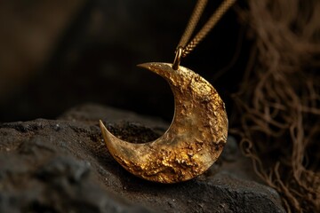 Unique gold pendant in the shape of a celestial moon, Distinctive gold pendant crafted in the shape of a celestial moon for an enchanting allure.