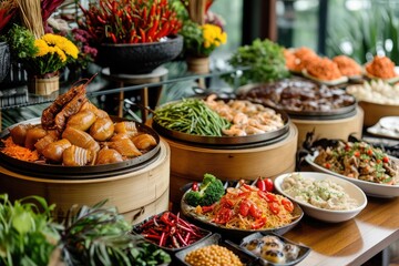 Vibrant Asian food spread with a focus on street food and traditional favorites, Colorful Asian...