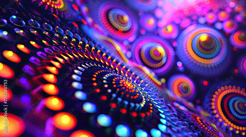 Fototapete Vibrant neon circles forming an intricate pattern, Dynamic display of neon circles creating an elaborate and mesmerizing pattern.
