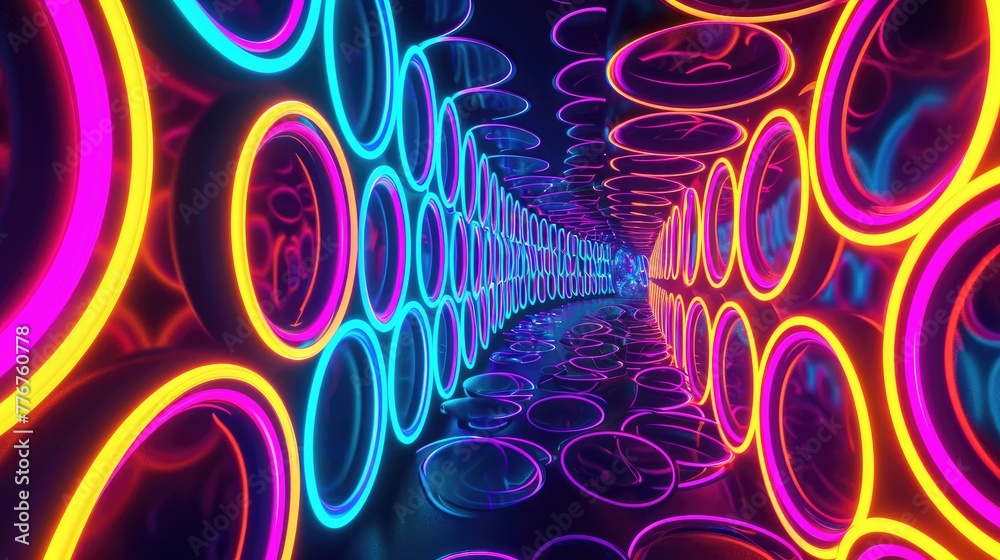 Aufkleber vibrant neon circles forming an intricate pattern, dynamic display of neon circles creating an elabo