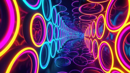 Vibrant neon circles forming an intricate pattern, Dynamic display of neon circles creating an elaborate and mesmerizing pattern.
