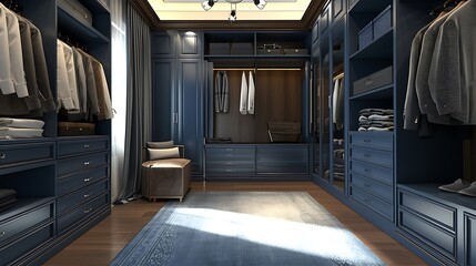 A spacious and elegant dressing room with dark blue cabinets, wooden floors, and lightcolored carpeting. - obrazy, fototapety, plakaty