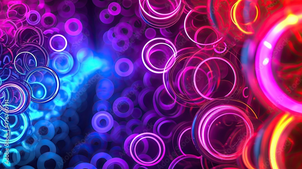 Fototapete Vibrant neon circles forming an intricate pattern, Dynamic display of neon circles creating an elaborate and mesmerizing pattern.