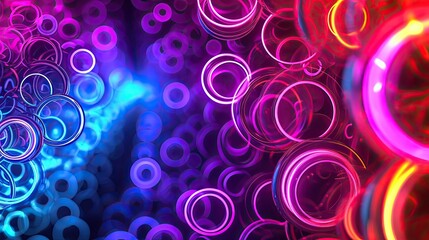 Vibrant neon circles forming an intricate pattern, Dynamic display of neon circles creating an elaborate and mesmerizing pattern. - obrazy, fototapety, plakaty