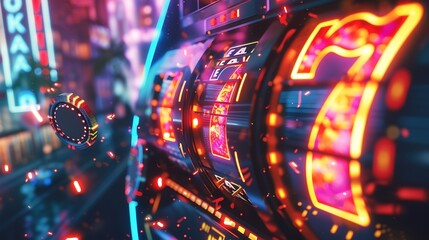 Fototapeta na wymiar Cinematic shot of a casino slot machine with the neon number 