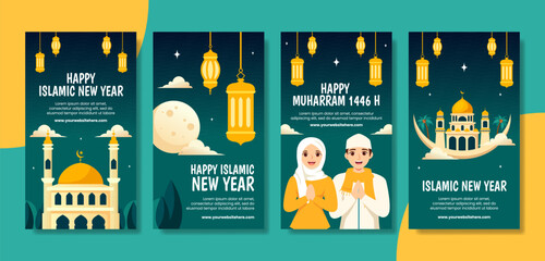 Fototapeta premium Islamic New Year Social Media Stories Flat Cartoon Hand Drawn Templates Background Illustration