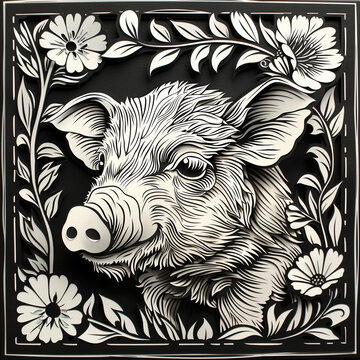 Paper cut white wild pig ihead n flowers on black background