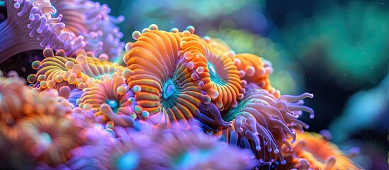 Vibrant Coral Polyp Feeding A Captivating Display of Marine Life - obrazy, fototapety, plakaty
