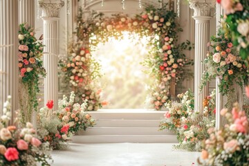 Wedding background featuring a picturesque venue and floral arrangements, Romantic wedding setting adorned with a picturesque venue and beautiful floral arrangements.