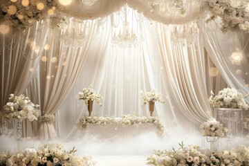 Wedding background with a romantic setting and elegant decor, Enchanting wedding ambiance featuring a romantic setting and sophisticated decor.