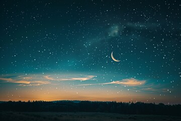 Beautiful night sky with moon and stars over dark landscape 