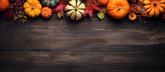 Several vibrant pumpkins of different shapes and sizes arranged on a rustic wooden table - Powered by Adobe