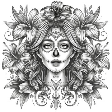 Image of a girl with a sugar skull, flowers. Icon for Mexican events.
