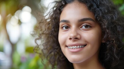 braces on teeth Beautiful red lips and white teeth with metal braces. A girl's smile.