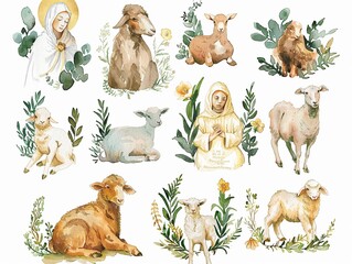 A watercolor set of the Beatitudes each blessed state illustrated with a corresponding image