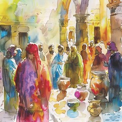 Illustration of the wedding at Cana in watercolors - obrazy, fototapety, plakaty