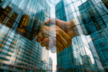 business deal shaking hands on a skyscraper office background,. Generative AI
