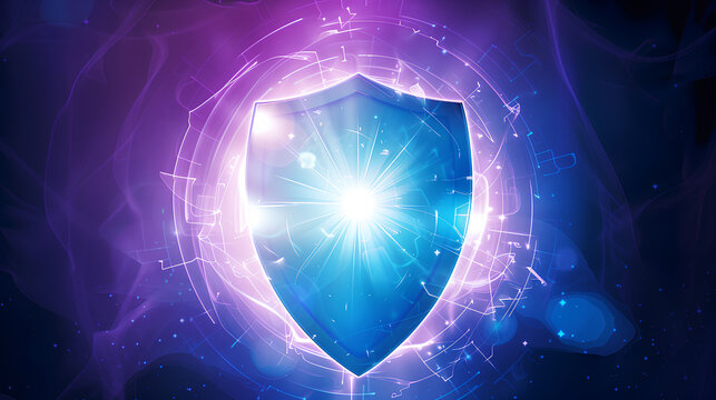 A blue and purple image of a key on a shield. Concept of security and protection