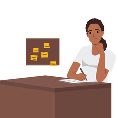 Student girl at the desk writing for her homework. Back to school. Studying on the table. Flat vector illustration isolated on white background