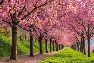 Blossoming cherry trees in the vibrant colors of spring, Stunning display of cherry trees bursting into vibrant colors during the spring season.