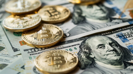 Close Up Golden Bitcoin Coin on US Hundred Dollars. Electronic Crypto Currency