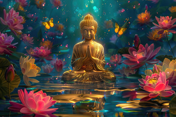 glowing golden buddha decorated with flowers