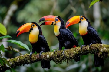 Colorful toucans perched in tropical rainforests, Vibrant toucans adding bursts of color to lush tropical rainforest settings.