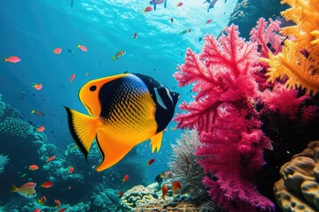 Fototapeta na wymiar Coral reef wonders Colorful underwater scenes teeming with marine life, Breathtaking underwater vistas showcasing vibrant coral reefs bustling with marine biodiversity.